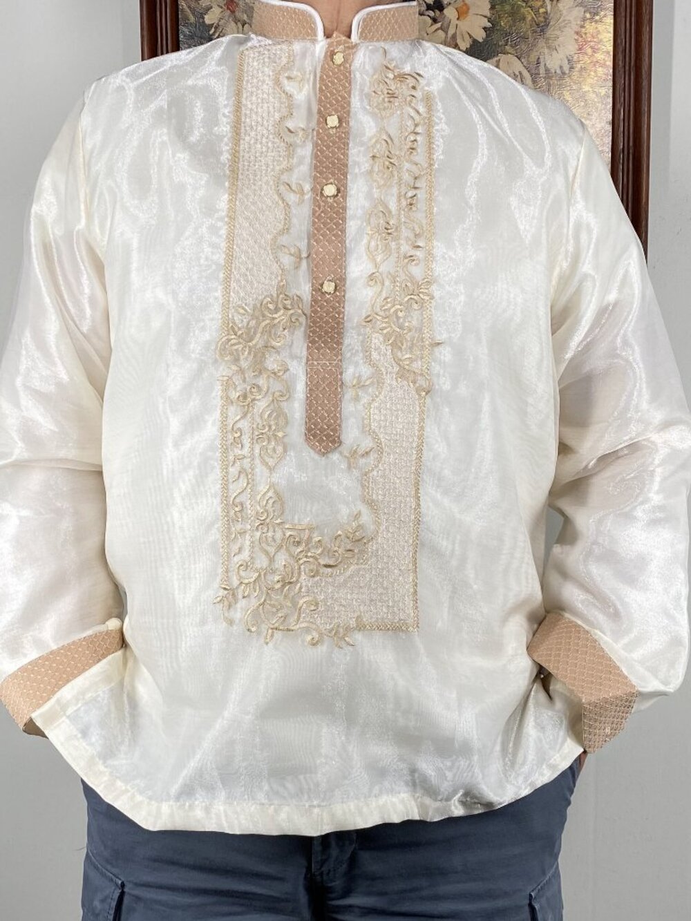 Filipino Barong Shortsleeve Chinese Collar Men's Large Beige Embroidered NWOT